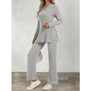 Kadın Uzun Kollu Bisiklet Yaka Yandan Yırtmaçlı şardonlu Kaşkorse Bluz Ve Pantolon Ikili Takım