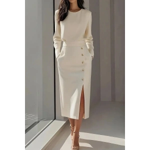 Kadın Uzun Kollu Bisiklet Yakalı Yandan Yırtmaçlı Düğmeli Midi Ithal Krep Elbise