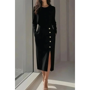 Kadın Uzun Kollu Bisiklet Yakalı Yandan Yırtmaçlı Düğmeli Midi Ithal Krep Elbise