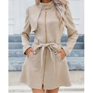 Kadın Uzun Kollu Boyundan Düğmeli Fermuarlı Beli Kuşaklı Süet Ceket