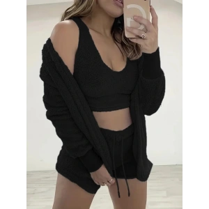 Kadın Uzun Kollu Ceket, Askılı Peluş Bluz Ve şort üçlü Takım