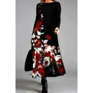 Kadın Uzun Kollu çiçek Baskılı Midi Mikro Elbise