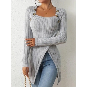 Kadın Uzun Kollu Derin Kare Yaka Düğme Detay şardonlu Kaşkorse Kruvaze Bluz