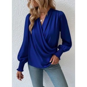 Kadın Uzun Kollu Dökümlü Kruvaze Yaka Kol Ucu Gipeli Sandy Lacivert Bluz