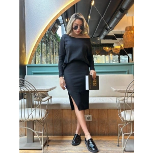 Kadın Uzun Kollu Düşük Omuz Yırtmaç Detay Kaşkorse Etek Bluz Ikili Takım