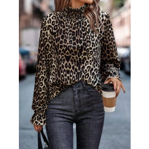 Kadın Uzun Kollu Gipe Detaylı Balıkçı Yaka Leopar Desenli Süprem Bluz
