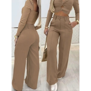 Kadın Uzun Kollu Göğüs Dekolteli Ithal Krep Bluz Ve Pantolon Ikili Takım