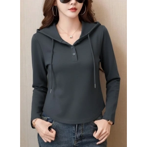Kadın Uzun Kollu Kapşonlu Bağcıklı Düğmeli Viskon Iki Iplik Füme Bluz