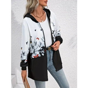 Kadın Uzun Kollu Kapşonlu Fermuarlı çiçekkelebek Desenli şardonlu Dalgıç Ceket