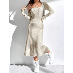 Kadın Uzun Kollu Kare Yaka Midi Kaşkorse Elbise