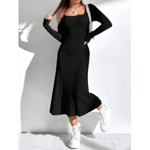 Kadın Uzun Kollu Kare Yaka Midi Kaşkorse Elbise