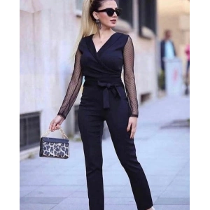 Kadın Uzun Kollu Kruvaze Yakalı Kolları Tül Detay Beli Kuşaklı Ithal Krep Tulum