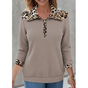 Kadın Uzun Kollu Leopar Yakalı Fermuarlı Waffle Bluz