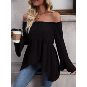 Kadın Uzun Kollu Madonna Yaka Asimetrik Detaylı Kolları Ispanyol Viskon Bluz