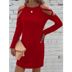 Kadın Uzun Kollu Omuz Açık Askı Detay Viskon Mini Boy Elbise