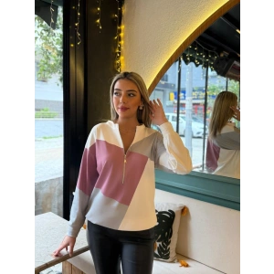 Kadın Uzun Kollu önden Fermuar Detaylı Desenli şardonlu Dalgıç Bluz