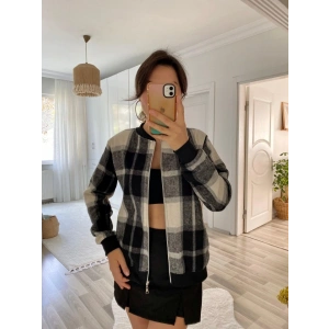 Kadın Uzun Kollu önden Fermuarlı Ekose Desenli Ceket