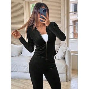 Kadın Uzun Kollu önden Fermuarlı Kadife Bluz Ve Pantolon Ikili Takım