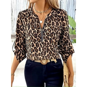 Kadın Uzun Kollu önden Fermuarlı Leopar Desenli Modal Bluz