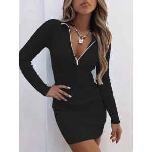 Kadın Uzun Kollu önden Fermuarlı Mini Kaşkorse Elbise