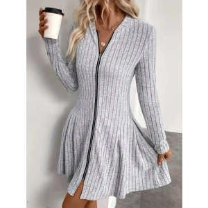 Kadın Uzun Kollu önden Fermuarlı Pileli şardonlu Kaşkorse Mini Elbise