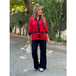 Kadın Uzun Kollu Ribanali Cep Detay Hırka Ve Bol Paça Pantolon Ikili Takım