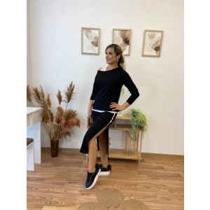 Kadın Uzun Kollu Tek Omuzu Açık Viskon Bluz Içi Atletli Ve Yandan şeritli üçlü Viskon Ikili Takım