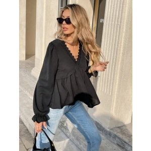 Kadın Uzun Kollu V Dantel Yaka Aerobin Bluz