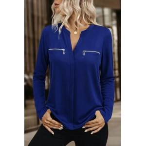 Kadın Uzun Kollu V Hakim Yaka Fermuar Detaylı Viskon Bluz