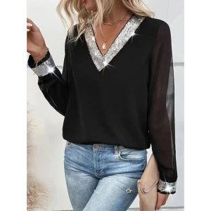 Kadın Uzun Kollu V Pulpayet Yakalı Ithal Krep Bluz