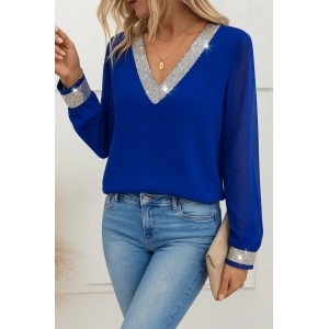 Kadın Uzun Kollu V Pulpayet Yakalı Ithal Krep Bluz