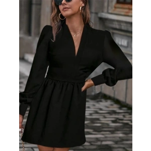 Kadın Uzun Kollu V Yaka Belden Hafif Pileli Scuba Krep Mini Boy Elbise