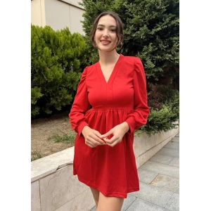 Kadın Uzun Kollu V Yaka Belden Hafif Pileli Scuba Krep Mini Boy Elbise