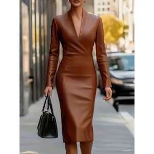 Kadın Uzun Kollu V Yakalı Deri Midi Elbise
