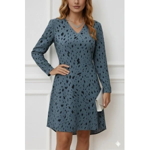 Kadın Uzun Kollu V Yakalı Desenli Kısa Keten Elbise