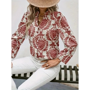 Kadın Uzun Kollu V Yakalı Desenli önü Düğmeli Ithal Keten Bluz