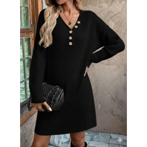 Kadın Uzun Kollu V Yakalı Düğmeli Mini Triko Elbise