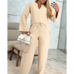 Kadın Uzun Kollu V Yakalı Keten Bluz Bağcıklı Pantolon Ikili Takım