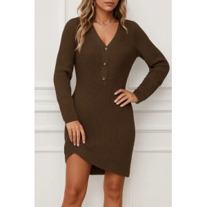 Kadın Uzun Kollu V Yakalı önden Düğmeli Kısa Triko Elbise