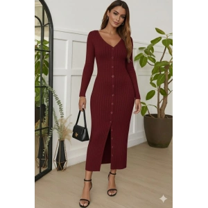 Kadın Uzun Kollu V Yakalı önden Düğmeli şardonlu Kaşkorse Elbise