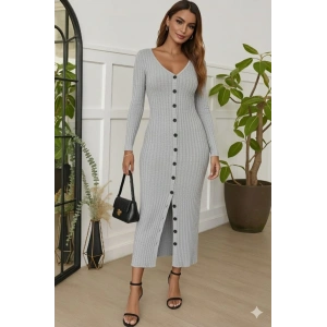 Kadın Uzun Kollu V Yakalı önden Düğmeli şardonlu Kaşkorse Elbise