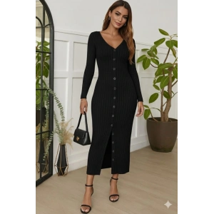 Kadın Uzun Kollu V Yakalı önden Düğmeli şardonlu Kaşkorse Elbise