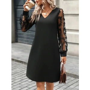 Kadın Uzun Kollu V Yakalı Tüllü Kısa Ithal Krep Mini Elbise