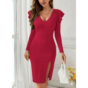 Kadın Uzun Kollu V Yakalı Yandan Yırtmaçlı Midi Ithal Krep Elbise