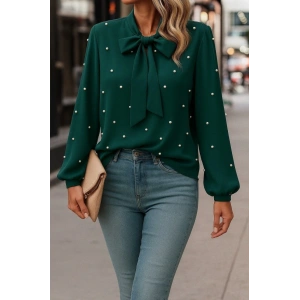 Kadın Uzun Kollu Yakadan Fiyonklu Incili Ithal Krep Bluz