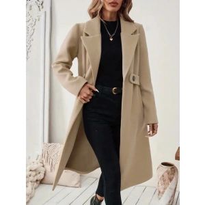 Kadın Uzun Kollu Yakalı Belde şerit Düğme Detaylı Cepli Mini Kaşe Kaban