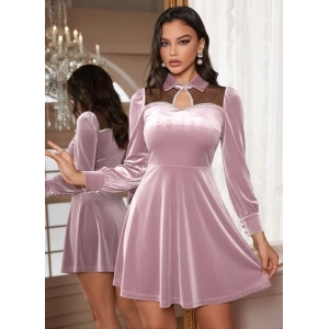 Kadın Uzun Kollu Yakalı Tül Detaylı Incili Mini Kadife Elbise