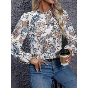 Kadın Uzun Kollu Yarı Balıkçı Yaka Desenli Süprem Bluz