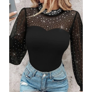 Kadın Uzun Kollu Yarı Balıkçı Yaka Taşlı Sandy Bluz