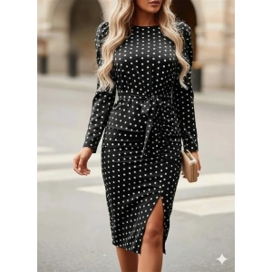 Kadın Uzun Kollu Yuvarlak Yaka Belden Kuşaklı önden Yırtmaçlı örme Krep Elbise